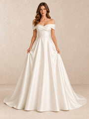 Off-the-Shoulder Satin Wedding Dress with Pearl Accents and Sweep Train