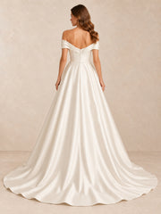 Off-the-Shoulder Satin Wedding Dress with Pearl Accents and Sweep Train