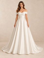Off-the-Shoulder Satin Wedding Dress with Pearl Accents and Sweep Train