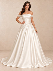 Off-the-Shoulder Satin Wedding Dress with Pearl Bead