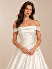 Off-the-Shoulder Satin Wedding Dress with Pearl Bead