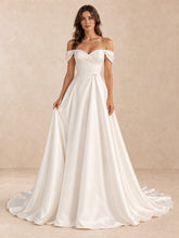 Off-the-Shoulder Satin Wedding Dress with Pearl Detail and Chapel Train