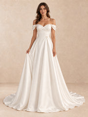 Off-the-Shoulder Satin Wedding Dress with Pearl Detail and Chapel Train