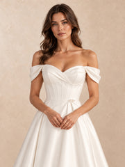 Off-the-Shoulder Satin Wedding Dress with Pearl Detail and Chapel Train