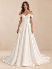 Off-the-Shoulder Satin Wedding Dress with Pearl Detail and Chapel Train