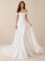Off-the-Shoulder Satin Wedding Dress with Pearl Waist Detail and Sweeping Train