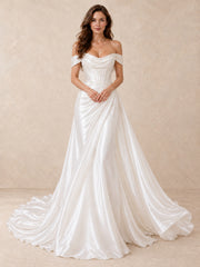 Off-the-Shoulder Satin Wedding Dress with Pearl Waist Detail and Sweeping Train