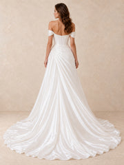 Off-the-Shoulder Satin Wedding Dress with Pearl Waist Detail and Sweeping Train