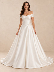 Off-the-Shoulder Satin Wedding Dress with Subtle Pearl Accents