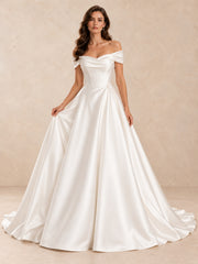 Off-the-Shoulder Satin Wedding Dress with Subtle Pearl Accents