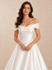 Off-the-Shoulder Satin Wedding Dress with Subtle Pearl Accents
