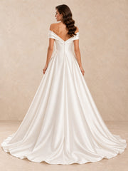 Off-the-Shoulder Satin Wedding Dress with Subtle Pearl Accents