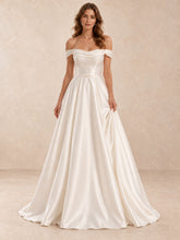 Off-the-Shoulder Short Sleeves Satin Wedding Dress with Pearl Detail