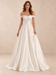 Off-the-Shoulder Short Sleeves Satin Wedding Dress with Pearl Detail