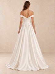 Off-the-Shoulder Short Sleeves Satin Wedding Dress with Pearl Detail