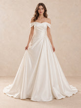 Off-the-Shoulder Mikado Satin Wedding Dress with Pearl Waist Accents