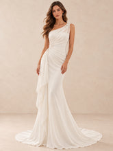 One-Shoulder Draped Satin Mermaid Wedding Dress with Sweep Train
