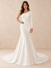 One-Shoulder Long Sleeve Crepe Mermaid Wedding Dress with Sweep Train