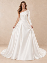 One-Shoulder Long Sleeve Satin Wedding Dress with Sweep Train