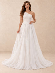 One-Shoulder Pearl-Accent Tulle Wedding Dress with Sweep Train