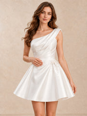 One-Shoulder Satin A-Line Mini Wedding Dress with Pearl Accents