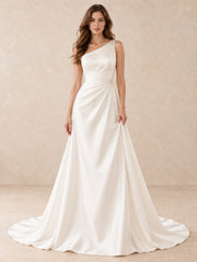 One-Shoulder Satin A-Line Wedding Dress with Crystal Accents