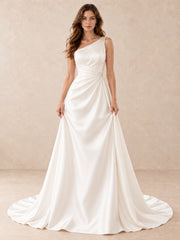 One-Shoulder Satin A-Line Wedding Dress with Crystal Accents