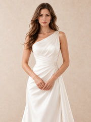 One-Shoulder Satin A-Line Wedding Dress with Crystal Accents