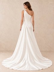 One-Shoulder Satin A-Line Wedding Dress with Crystal Accents