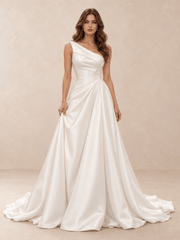 One-Shoulder Satin A-Line Wedding Dress with Draped Bodice and Train