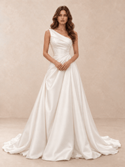 One-Shoulder Satin A-Line Wedding Dress with Draped Bodice and Train
