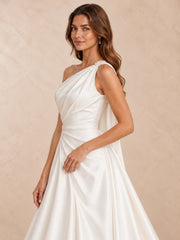 One-Shoulder Satin A-Line Wedding Dress with Pearl Accents