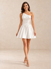 One-Shoulder Draped Satin Mini Wedding Dress with Pearl Waist Detail