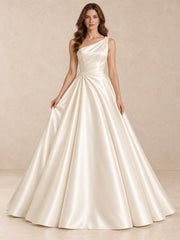 One-Shoulder Satin Ball Gown Wedding Dress with Pearl Accents
