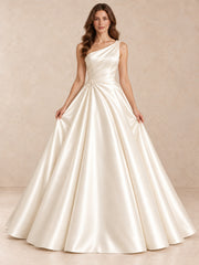 One-Shoulder Satin Ball Gown Wedding Dress with Pearl Accents