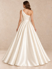 One-Shoulder Satin Ball Gown Wedding Dress with Pearl Accents