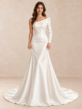One-Shoulder Satin Long Sleeves Mermaid Wedding Dress With Sweep Train