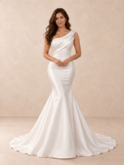 One-Shoulder Satin Mermaid Sleeveless Wedding Dress with Draped Bodice