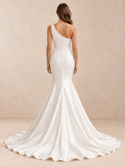 One-Shoulder Satin Sleeveless Mermaid Wedding Dress With Crystal Accents