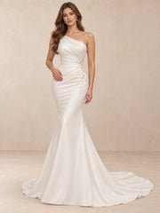 One-Shoulder Satin Mermaid Wedding Dress with Crystal Accents