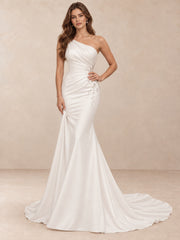 One-Shoulder Satin Mermaid Wedding Dress with Crystal Accents