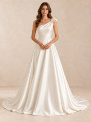 One-Shoulder Satin Sleeveless Wedding Dress with Sweep Train