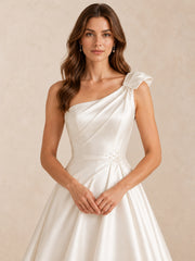 One-Shoulder Satin Sleeveless Wedding Dress with Sweep Train