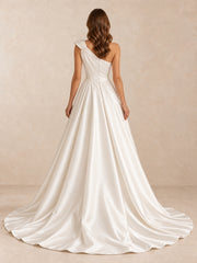 One-Shoulder Satin Sleeveless Wedding Dress with Sweep Train