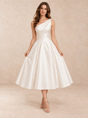 One-Shoulder Satin Tea-Length Wedding Dress with Pearl Accents