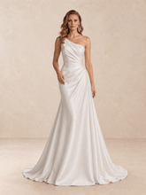 One-Shoulder Satin Wedding Dress with Draped Bodice and Sweep Train