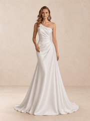 One-Shoulder Satin Wedding Dress with Draped Bodice and Sweep Train