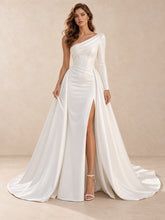 One-Shoulder Satin Wedding Dress with High Slit and Draped Side Panels