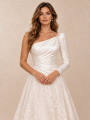 One-Shoulder Satin and Lace A-Line Wedding Dress with Long Sleeve
