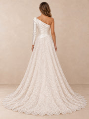 One-Shoulder Satin and Lace A-Line Wedding Dress with Long Sleeve